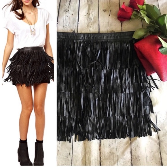 Zara Dresses & Skirts - Zara Black Leather Fringe Skirt Size L
